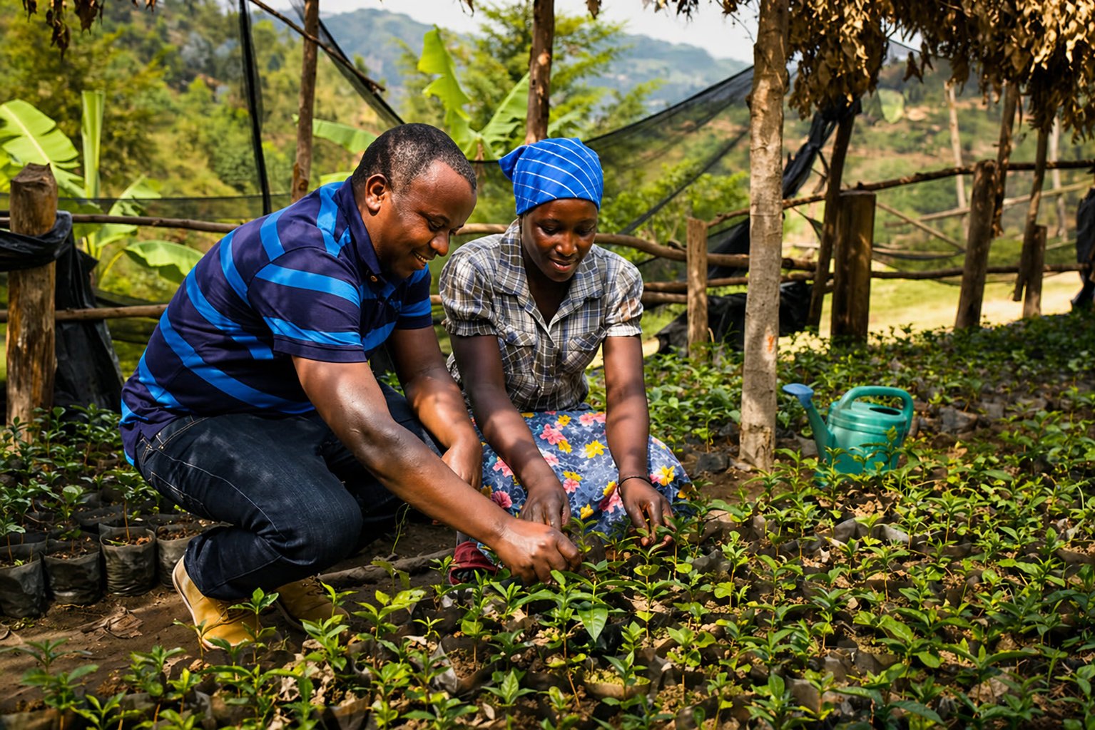 Coffee farmers tending seedlings