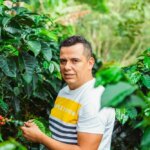 Producer Elkin Guzmán manager of Finca El Mirador in Huila, Colombia inspecting coffee trees