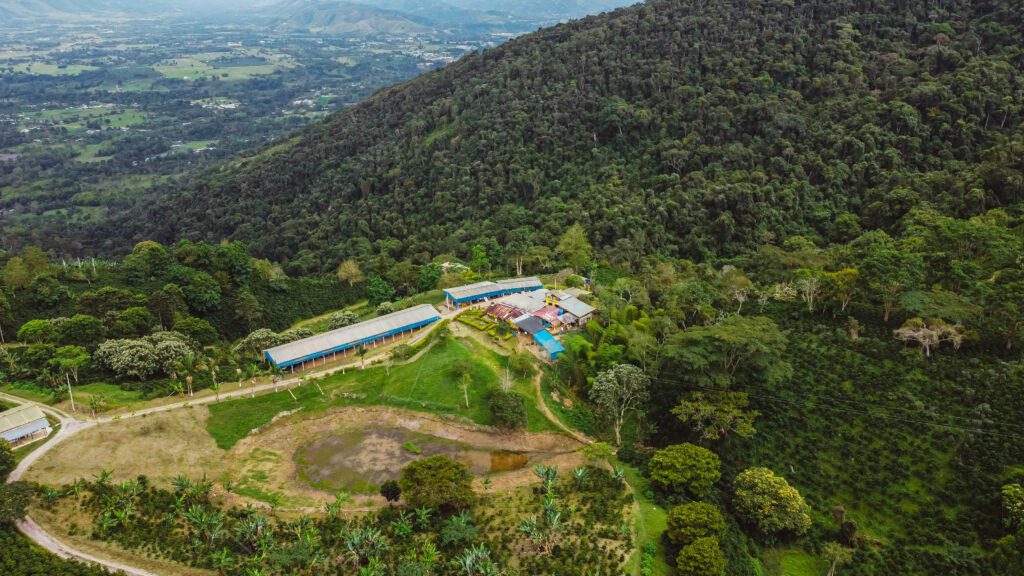 Aerial view of Finca El Mirador farm in the mountains of Huila region of Colombia