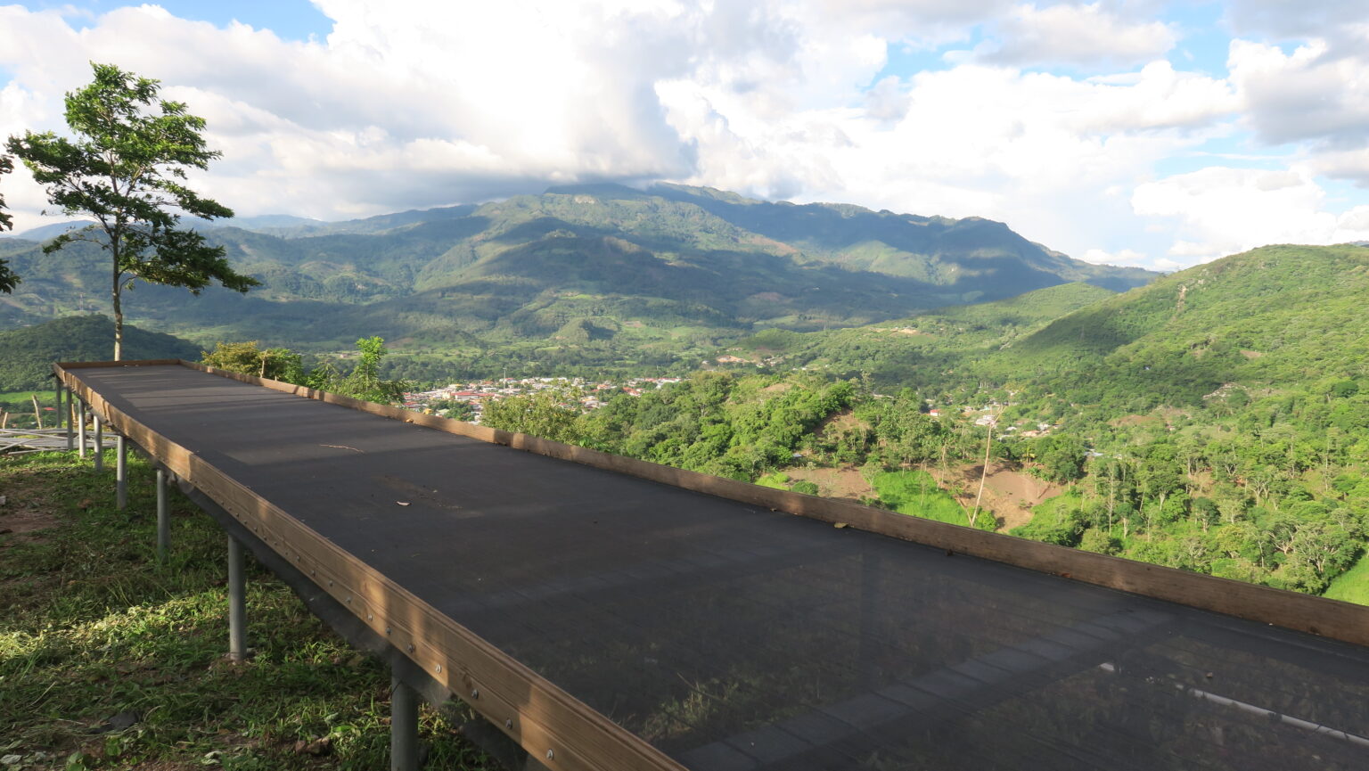 Scenic mountain view at Tio Juan in Honduras with natural process cherries drying under sun