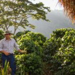 Coffee producer Nelson Ramírez standing by his tall coffee bushes in mountains of Honduras