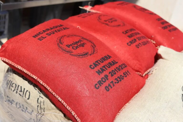 Painted coffee sacks of caturra natural from el Suyatal Nicaragua in 2020