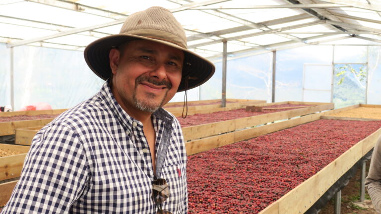 Producer Cristian Rodriguez standing in front of his drying beds co-funded by Project Origin