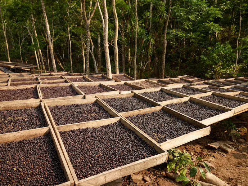Natural process coffee drying on raised beds at Finca la Fincona by producer Raul Rivera