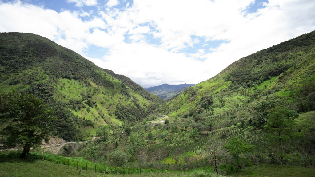 Mountain and valley view of green land through Ecuador