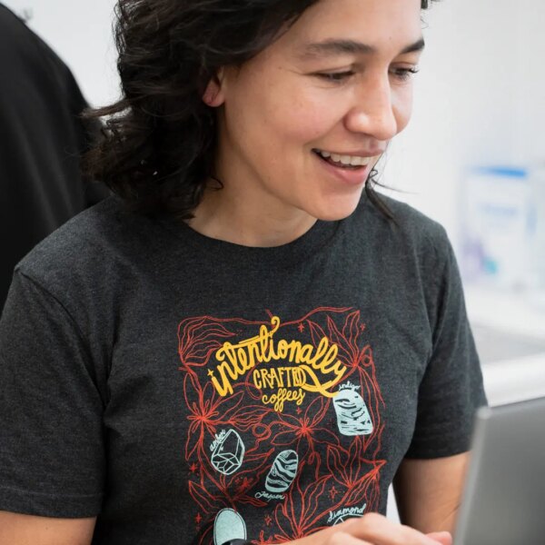 Intentionally crafted coffees tshirt screenprinted with gemstones amber, indigo, diamond, opal, jasper