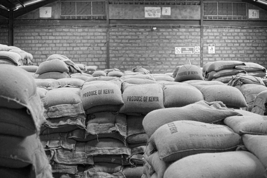 Kenyan coffee sacks in Bollore Dry Mill
