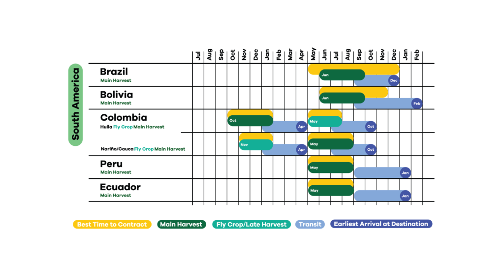 Arabica coffee harvest calendar for South America Brazil and Colombia with when it harvests, when to contract, when it ships.